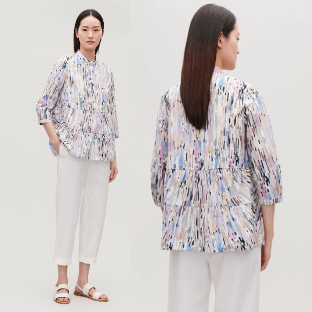 COS Women's Abstract Printed Gathered Panel A-Line Collarless Poplin Blouse Sz 6